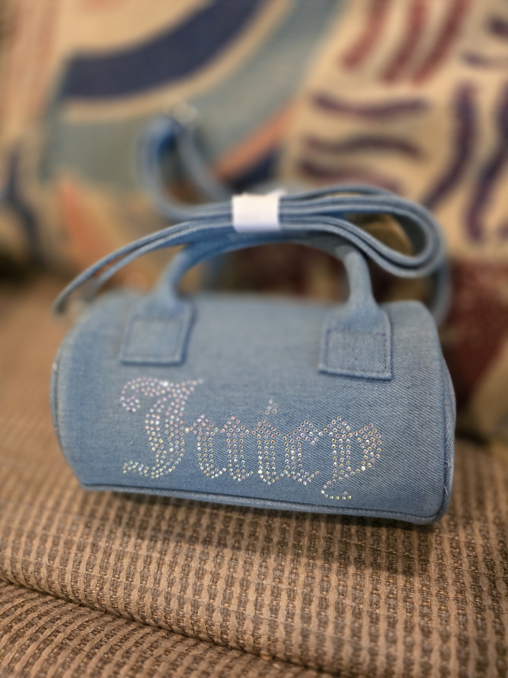 Juicy Couture Light Blue Denim Mini Barrel Bag with Crystal 'Juicy' Logo